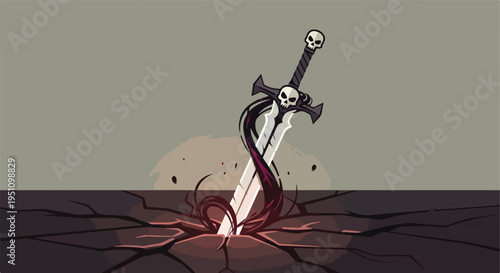 Dark, cracked earth with a skull-hilted sword emerging, spectral wisps
