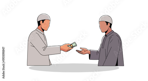 Person in traditional attire gives money to another person in traditional attire
