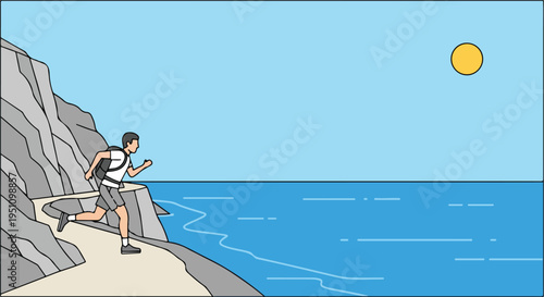 Man runs along cliff path beside blue sea under bright sun