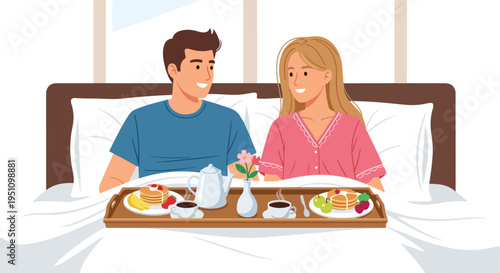 Couple enjoying breakfast in bed with pancakes and coffee