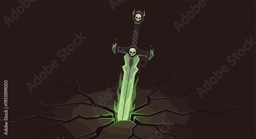 Eerie glowing sword with skulls pierces cracked ground