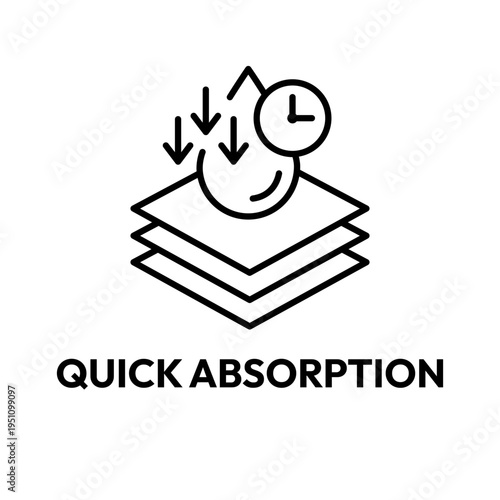 Highly absorbent or fast absorption icon set. Absorption label, logo, badge, symbol, sticker, line, flat vector, isolated illustration. Quick absorption label for product packaging design. Arrow down.