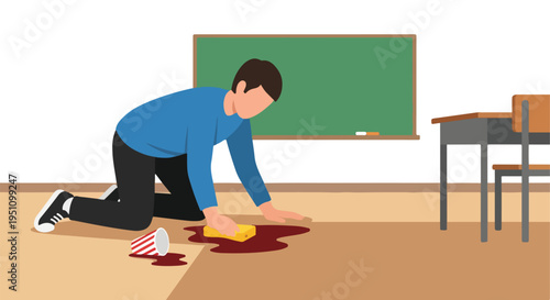 Student cleaning up spilled drink in a classroom with a sponge