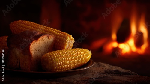 Plate of corn on the cob with a loaf of bread on the side. the plate is placed on a dark surface with a fireplace in the background.
