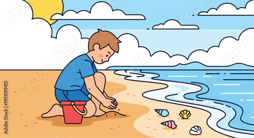 A young boy plays with sand and shells on a sunny beach with gentle waves