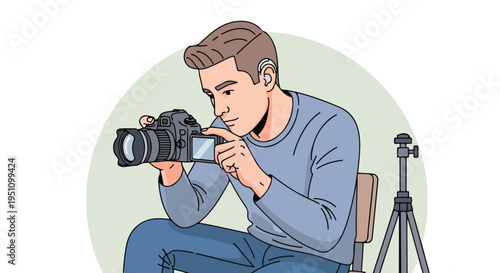 A person with a hearing aid holds a camera, adjusting settings while a tripod stands nearby
