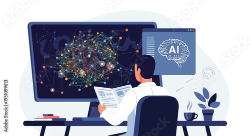 Scientist in lab coat studies complex neural network on monitor, AI brain on screen