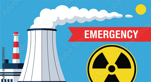 Industrial facility emits steam under blue sky with a radiation warning symbol and emergency banner