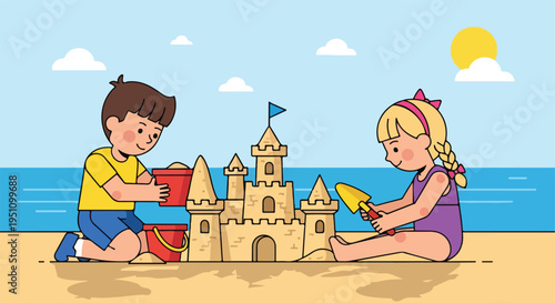 Two children happily build a sandcastle by the sea on a sunny day