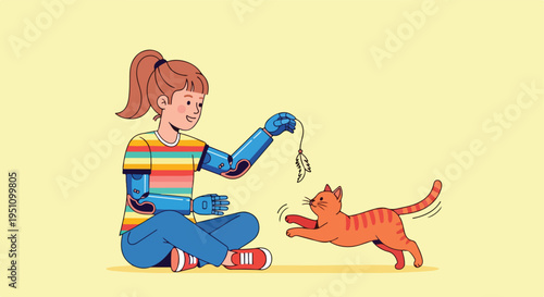 A girl with prosthetic arms plays with a ginger cat, holding a feather toy