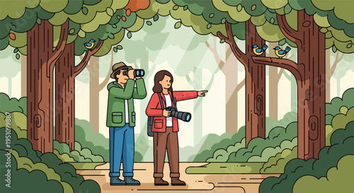 Nature explorers with binoculars and camera in a sunlit forest