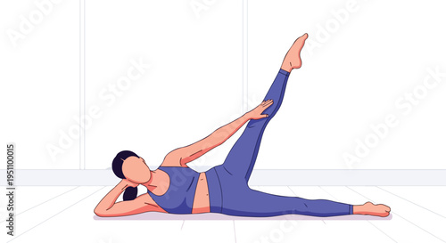 Woman in workout clothes doing a leg lift exercise while lying on her side