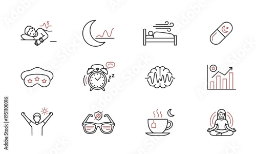 Sleep Optimization Icons Set. Rest Relaxation Night Routine Line Icons Vector Illustration