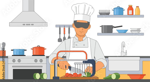 Blindfolded chef skillfully prepares vegetables using a mandoline slicer in a kitchen