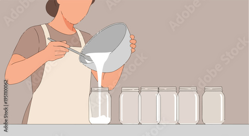 Person pouring liquid from bowl into multiple glass jars on a shelf