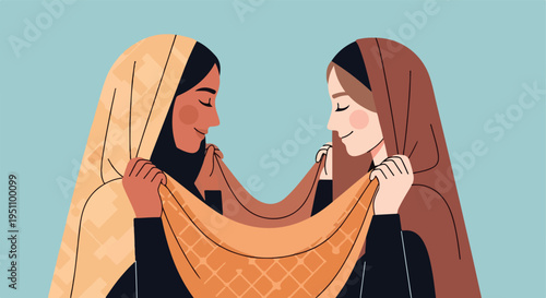 Two women in headscarves sharing fabric, gentle smiles, supportive interaction