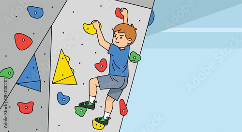 Boy climbing indoor wall with colorful holds, active leisure