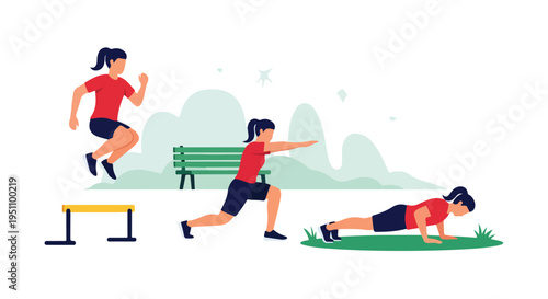 Woman performs various exercises like jumping, lunging, and push-ups outdoors