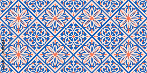 Mediterranean seamless pattern with blue ceramic tiles. Portuguese floral ornament for mosaic background design. Geometric geometric azulejo vintage traditional decor.