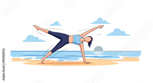 Woman performs side plank yoga pose on a serene beach with ocean waves and clouds