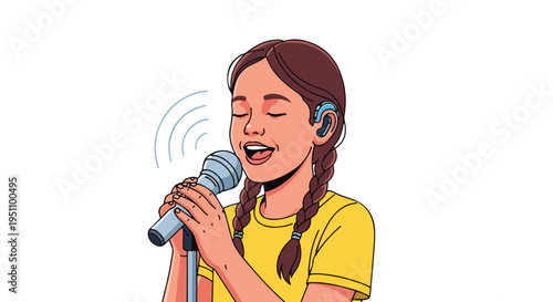 Young girl with hearing aid singing into microphone with sound waves