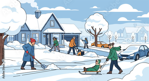 Residents clear heavy snow from driveways while a child enjoys a sled ride