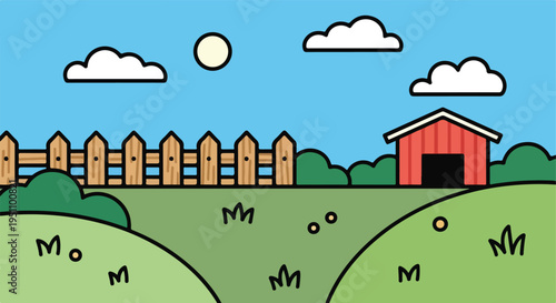 A simple, cheerful cartoon farm scene with a red barn and fence