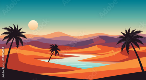 Vibrant desert oasis vector illustration with palm trees and a winding river under a pastel sky, exotic landscape art