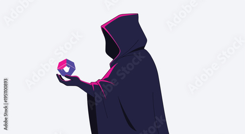 Mysterious figure in dark cloak holds glowing geometric orb