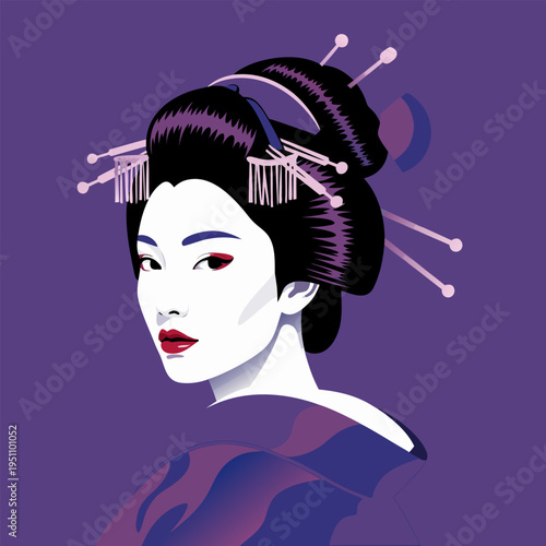 A striking vector illustration of a Japanese geisha with traditional attire and makeup, captured in a unique artistic style