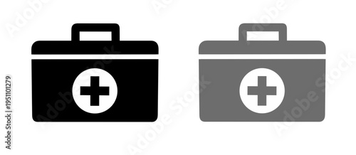 Vector illustration of medical first aid kit icon in minimalist solid black and grey style isolated on a plain white background for healthcare