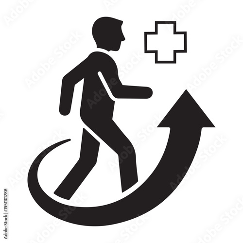 Vector illustration of a person moving upwards on an arrow curve with a plus sign, symbolizing health improvement, progress, and positive medical