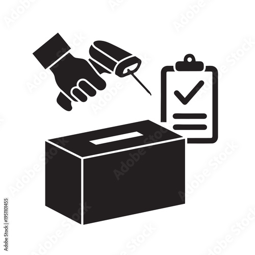 Voting box illustration with hand holding scanner checking ballot on clipboard, representing election process, civic duty and democratic participation