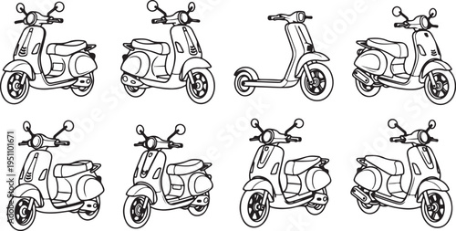 A collection of various scooter designs and styles in a monochromatic sketch Vector