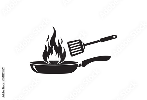 Vector cooking icon set with frying pan and spatula