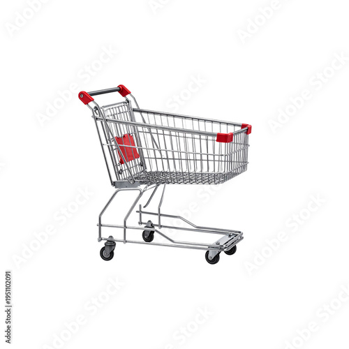 An empty metal shopping cart with a red handle and silver wheels sits alone against a white background.