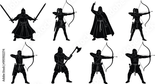 Medieval warriors silhouettes, archers and knights with swords and axes, fantasy battle characters set, black vector illustration isolated design