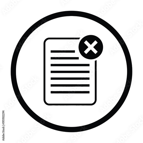 Minimalist icon of document with black x mark in circle on white background