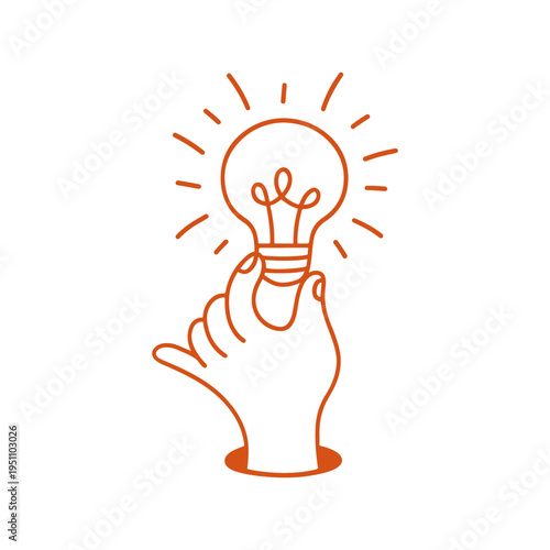 Creative Idea Concept Line Illustration with Hand Holding Light Bulb, Minimal Outline Vector for Innovation, Startup Branding and Design Template