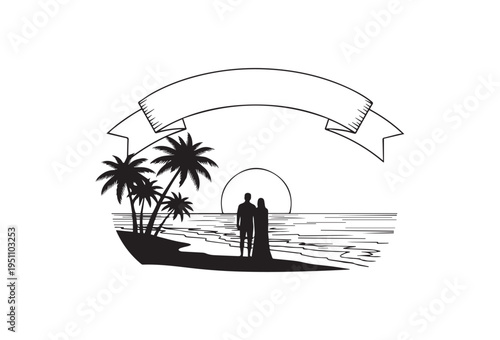 Couple silhouette on beach with palm trees and banner vector