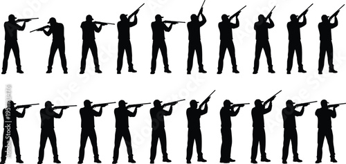 Hunter silhouettes aiming rifles, shooting sport and outdoor activity poses, marksman concept, black vector illustration isolated action set