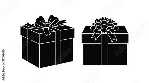Two elegantly wrapped gift boxes with bows displayed in a stark black silhouette