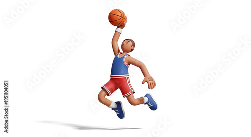 Cartoon basketball player jumping with a ball in mid-air.