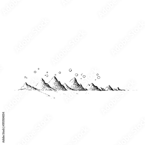 Black and white illustration of soda bubbles rising from a fizzy drink surface with mountain peaks