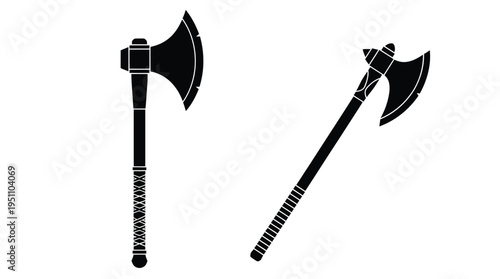 Two medieval battle axes displayed against a white background a striking silhouette