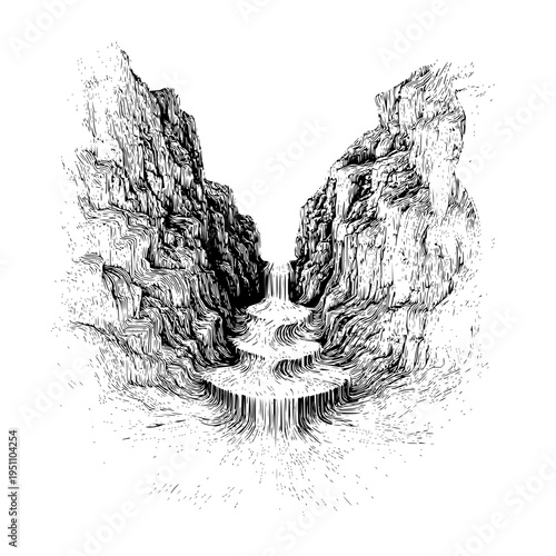 Dark rocky cliffs with a waterfall cascading down into a serene pool surrounded by rugged terrain and dense shading evoking a sense of mystery and tranquility in a natural