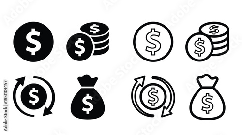 A collection of black icons depicting money stacks of coins and transfer silhouette