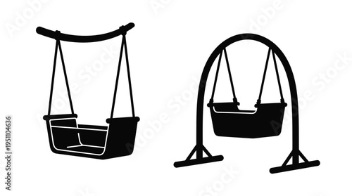 Two black swing set designs are presented showcasing simple forms and a stark silhouette
