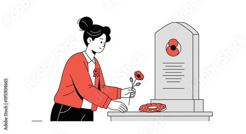 Woman placing poppy flower at memorial headstone illustration remembrance day concept minimalist graphic
