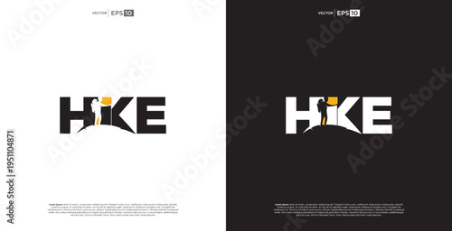 Modern typography logo design for hiking and outdoor adventure with a mountain climber
